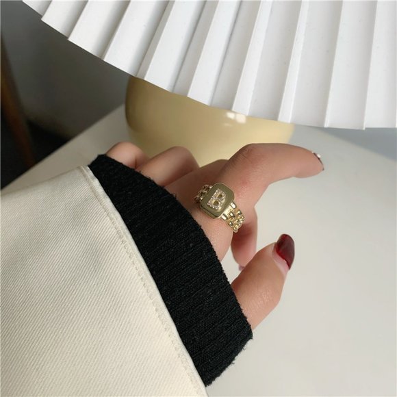 Letter B 18K Gold Plated Stainless Steel Watchband Zircon Adjustable Ring - Picture 3 of 5